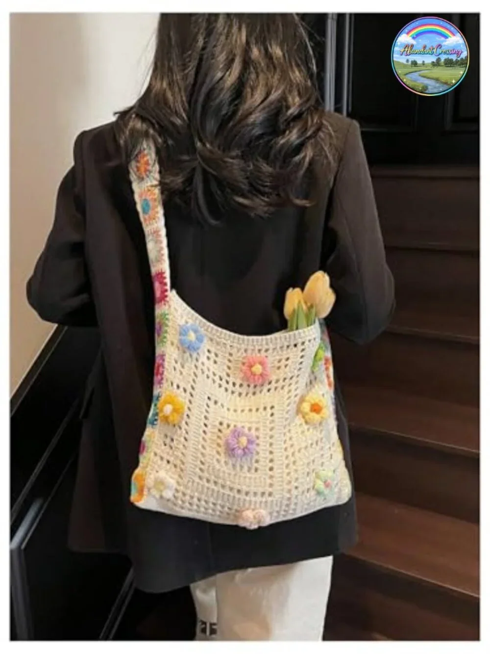 Boho Embroidery Crochet Knit Crossbody Bag Hollow Out Tote Handbag
